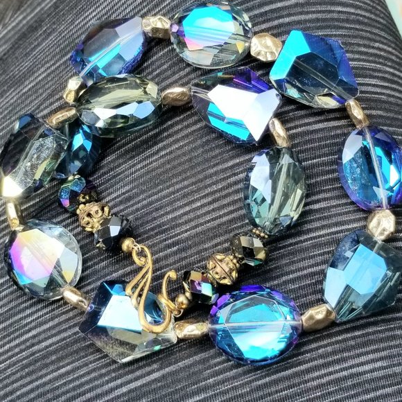 Cobalt Blue Statement Necklace & Bracelet Iridescent Faceted Glass Bead Jewelry - Picture 6 of 9
